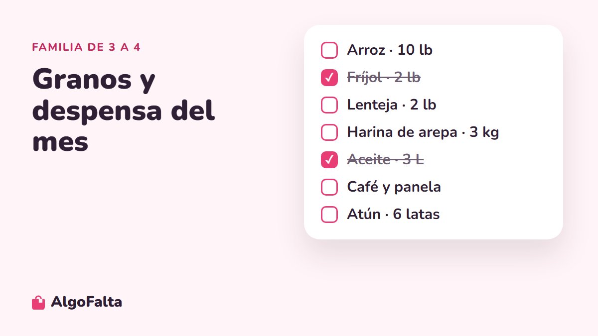 Lista de granos y despensa para el mercado del mes